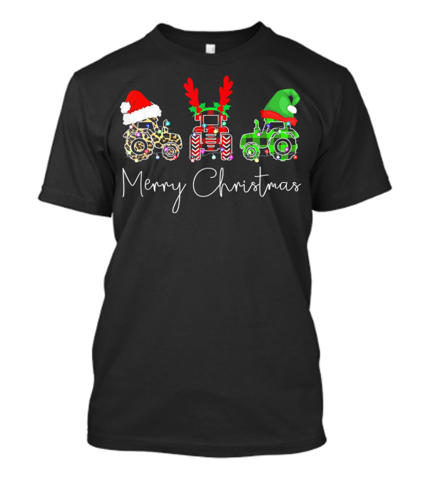 Merry Christmas Tractor Santa Reindeer Elf Lights Farm Fun T-Shirt