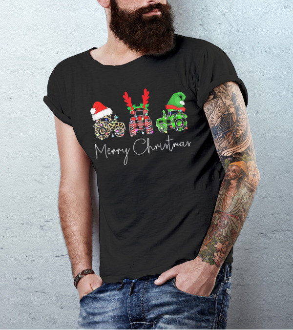 Merry Christmas Tractor Santa Reindeer Elf Lights Farm Fun T-Shirt