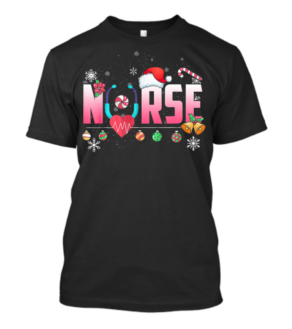 Merry Christmas Nurse Stethoscope Santa Hat Candy Cane Ornaments Snowflakes T-Shirt