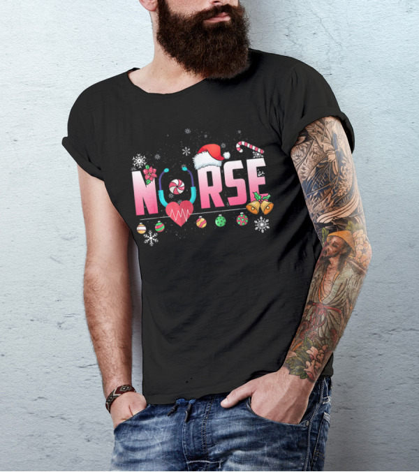 Merry Christmas Nurse Stethoscope Santa Hat Candy Cane Ornaments Snowflakes T-Shirt