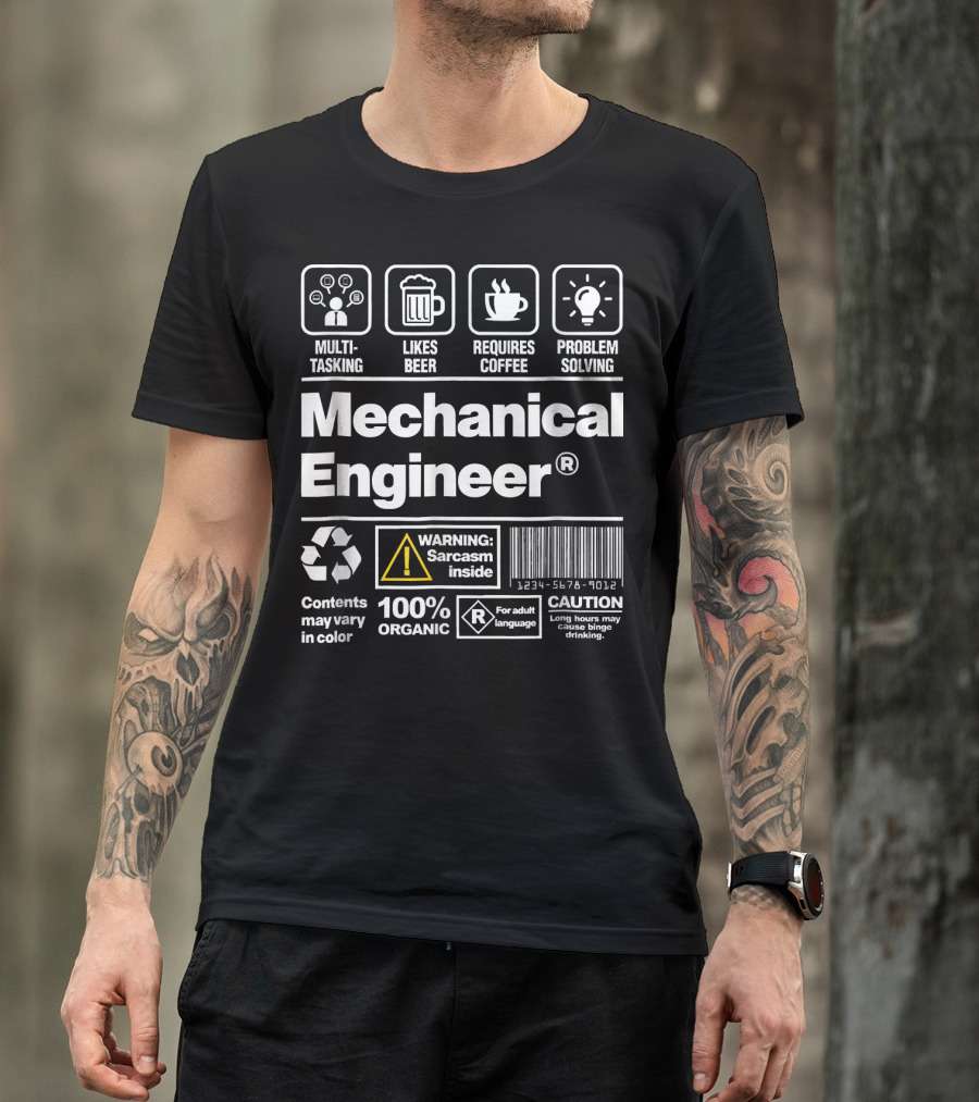 Mechanical Engineer Funny Sarcasm Beer Coffee Problem Solving Warning Caution Multitasking 100% Organic T-Shirt