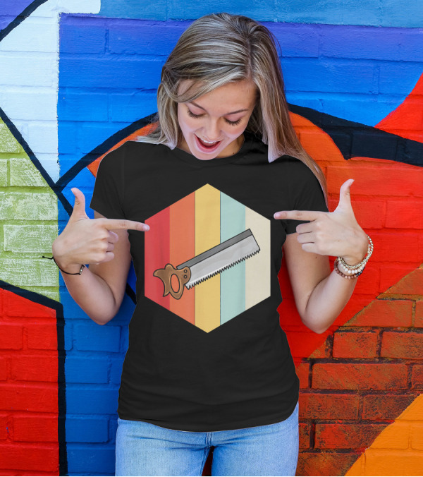 Mens Retro Vintage Handsaw Woodworking Hexagon Stripes T-Shirt