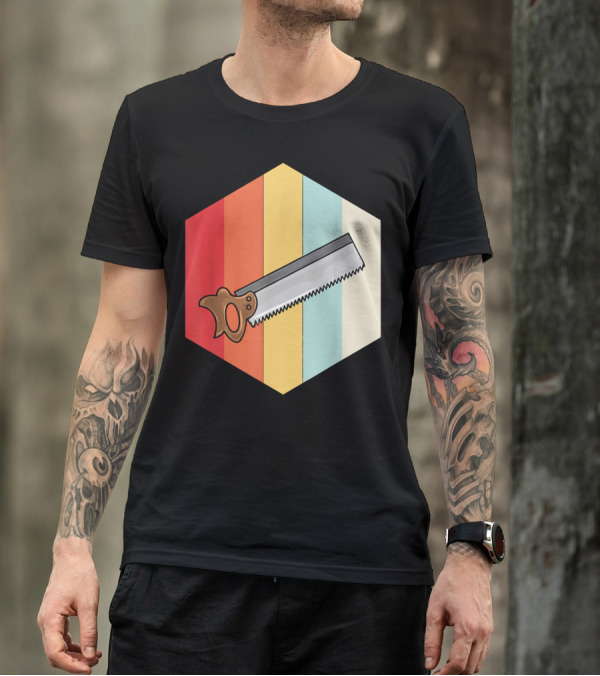 Mens Retro Vintage Handsaw Woodworking Hexagon Stripes T-Shirt