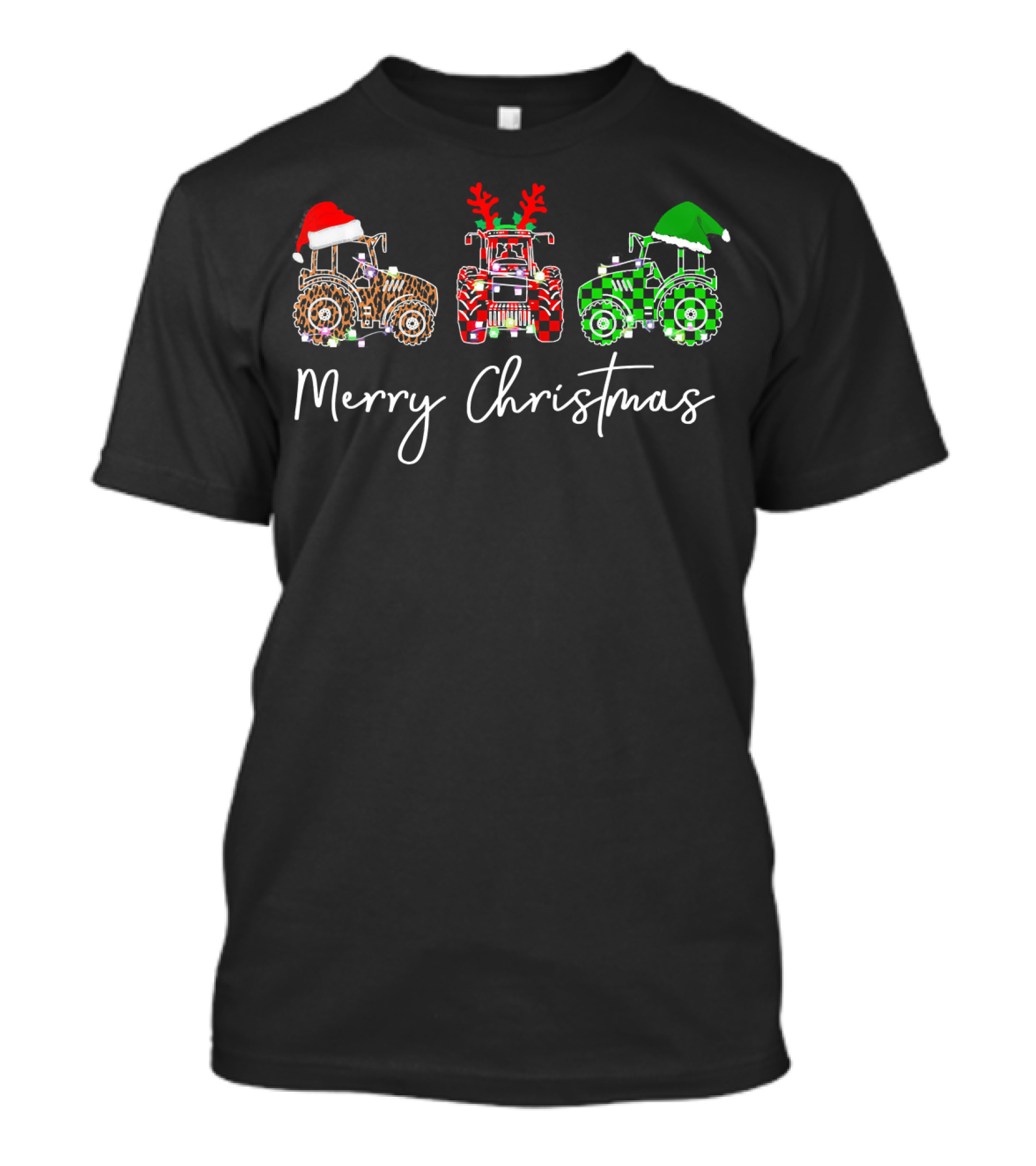Merry Christmas Xmas Tractor Farmer With Santa Hats And Reindeer Antlers T-Shirt