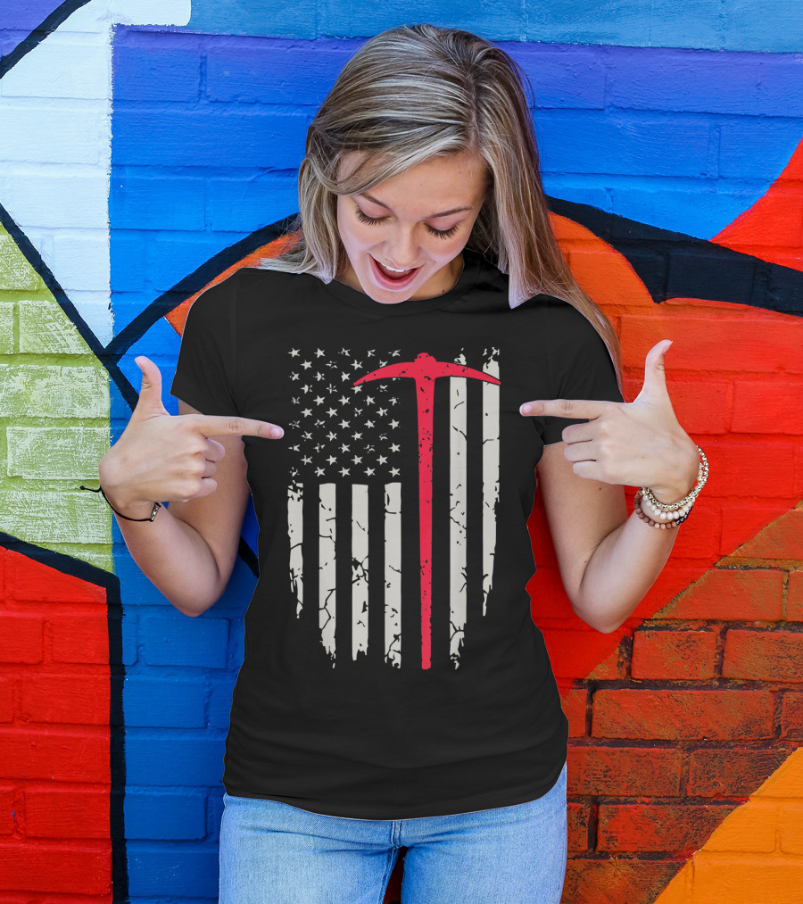 Miner American Flag Distressed Design With Red Pickaxe T-Shirt