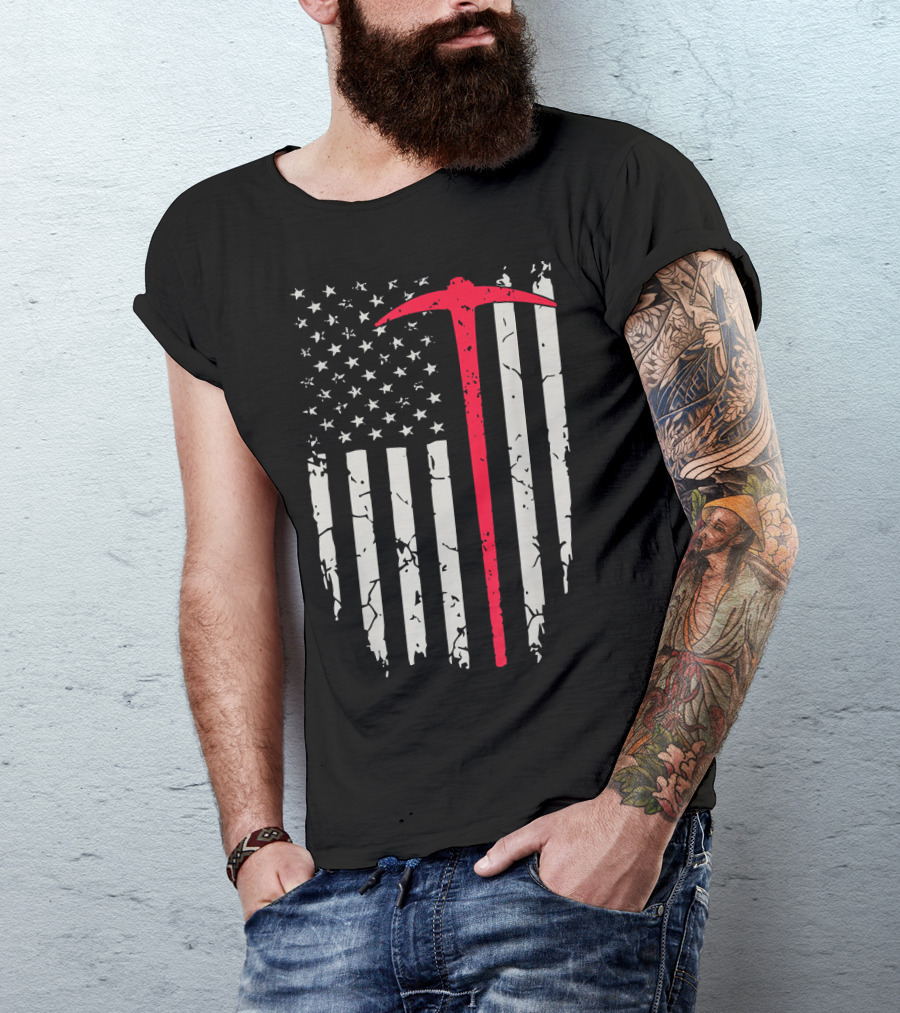 Miner American Flag Distressed Design With Red Pickaxe T-Shirt
