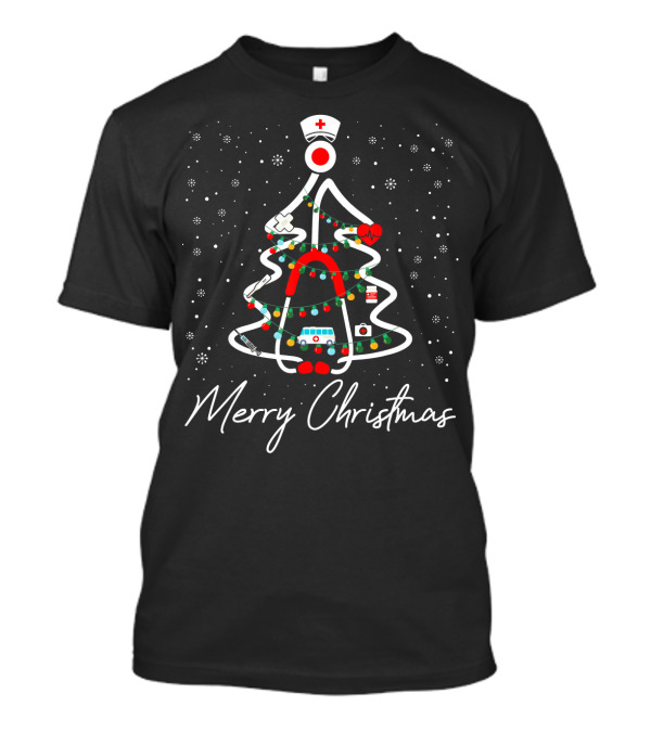 Merry Christmas Nurse Medical Stethoscope Tree Lights Ambulance Snowflakes T-Shirt