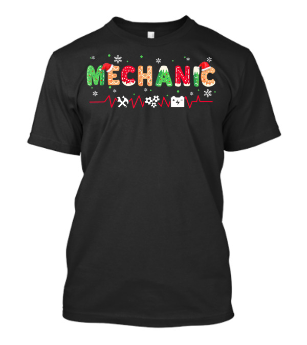 Mechanic Christmas Santa Hat Snowflakes Tools Heartbeat T-Shirt