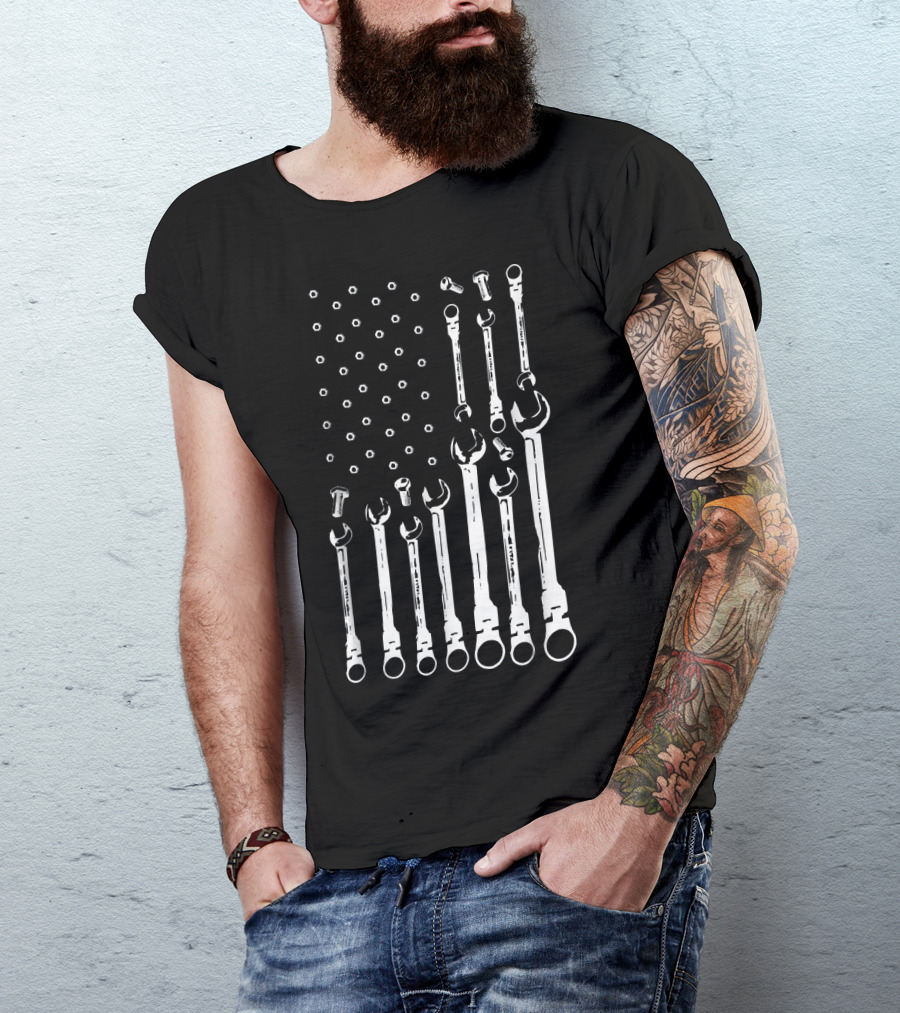 Mechanic Flag Patriotic Mechanic Wrench Spanner Tools USA Flag T-Shirt