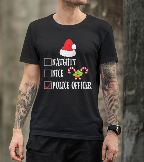 Merry Christmas Naughty Nice Police Officer Santa Hat Candy Cane T-Shirt