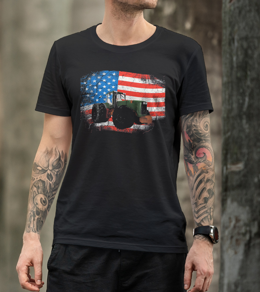 Patriotic Tractor On Rustic American Flag Background T-Shirt