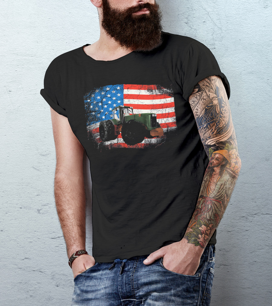 Patriotic Tractor On Rustic American Flag Background T-Shirt