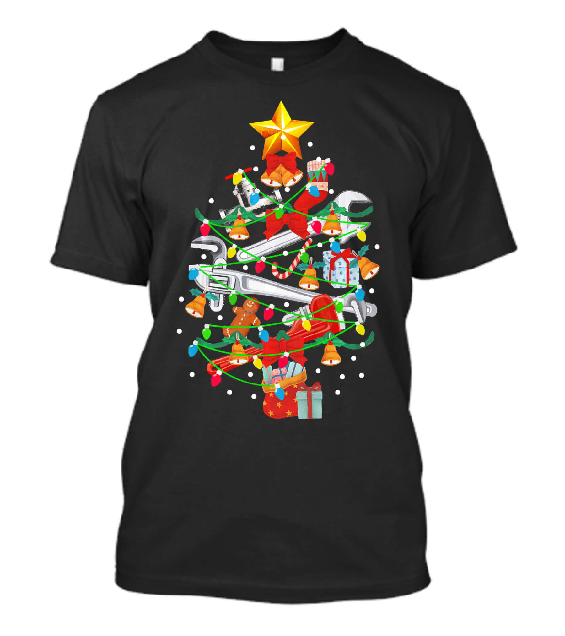 Plumbing Tools Christmas Tree With Wrench Star And Holiday Lights T-Shirt