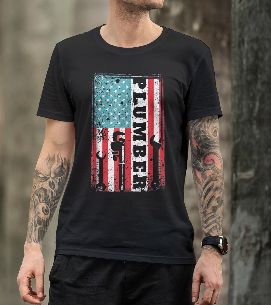 Plumber American Flag USA Plumbing Wrench Tools T-Shirt