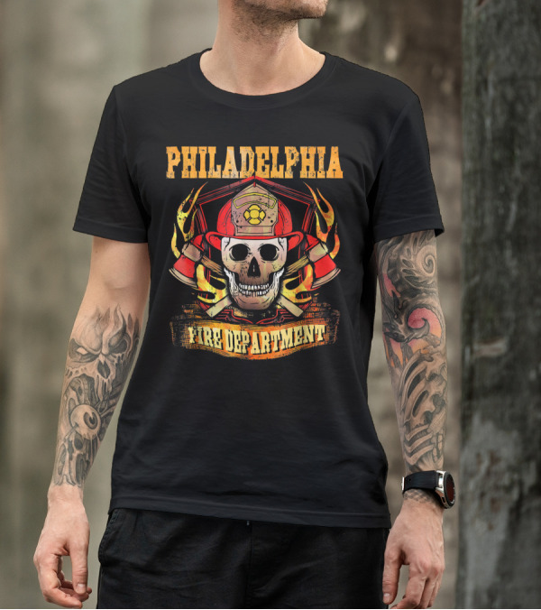 Philadelphia Fire Department Skull With Firefighter Helmet And Crossed Axes T-Shirt