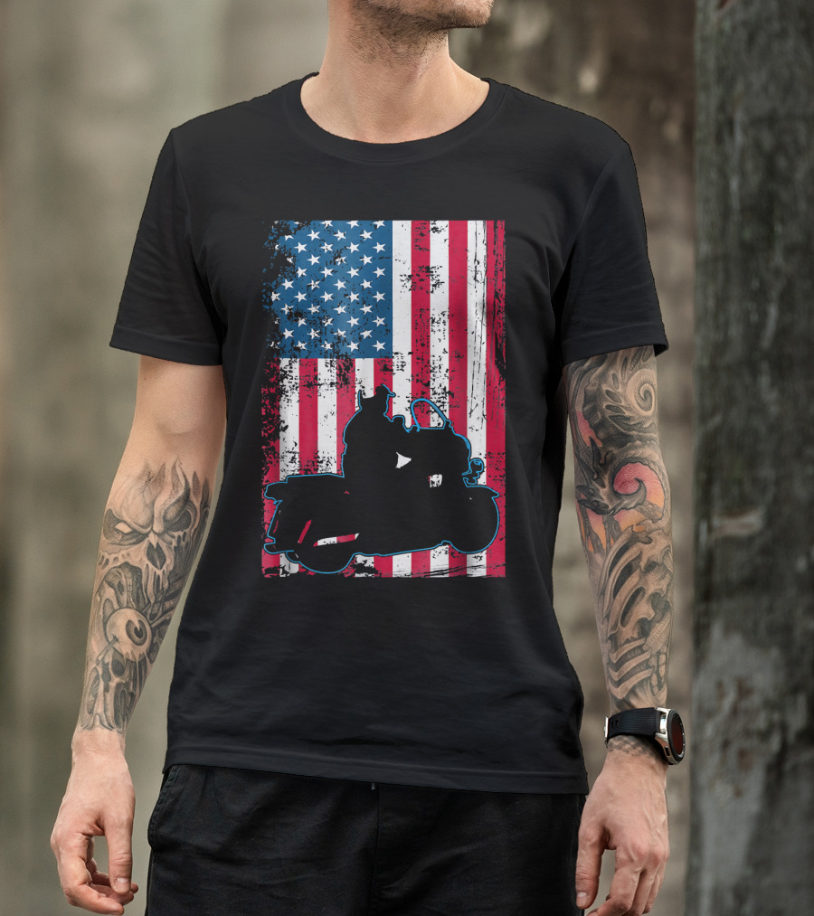 Patriotic American Flag With Motorcycle Police T-Shirt