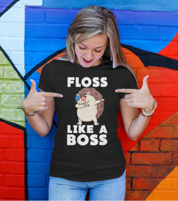 Floss Like A Boss Cute Hedgehog With American Flag Sunglasses T-Shirt