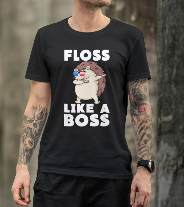 Floss Like A Boss Cute Hedgehog With American Flag Sunglasses T-Shirt
