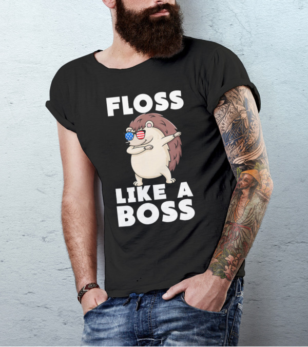 Floss Like A Boss Cute Hedgehog With American Flag Sunglasses T-Shirt