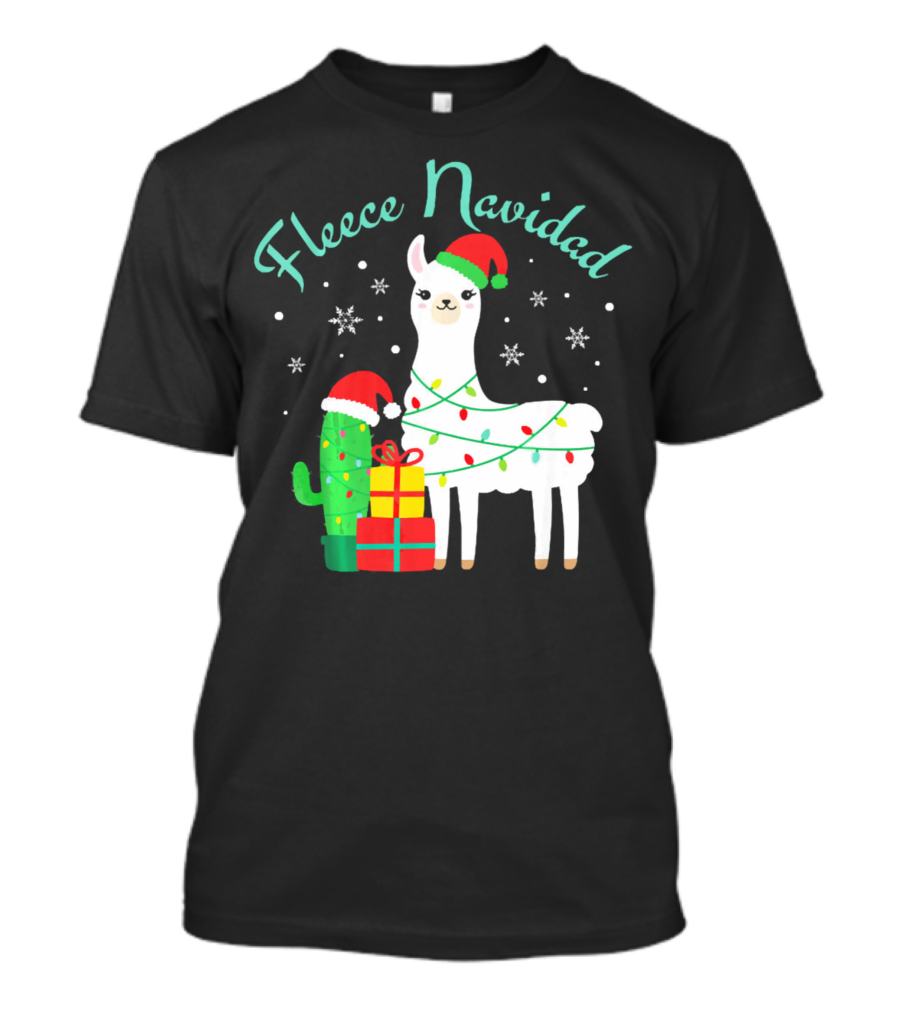 Fleece Navidad Funny Llama With Santa Hat And Christmas Lights T-Shirt