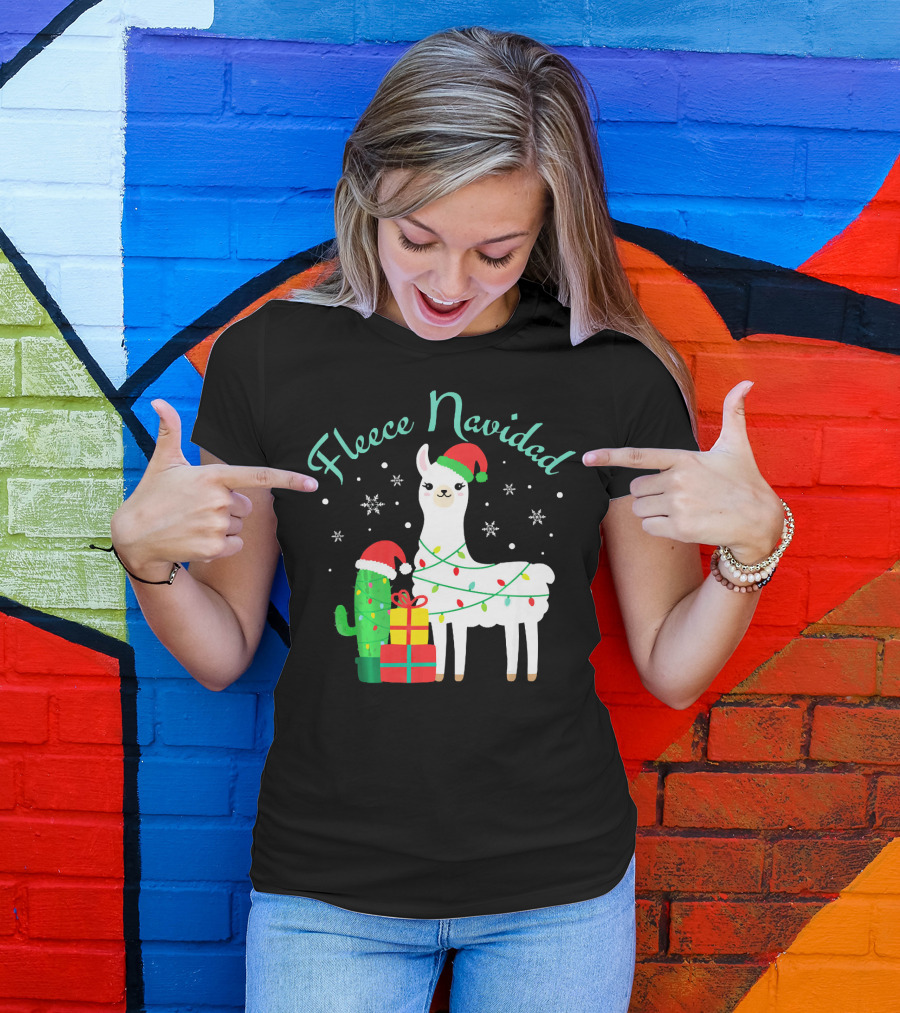 Fleece Navidad Funny Llama With Santa Hat And Christmas Lights T-Shirt