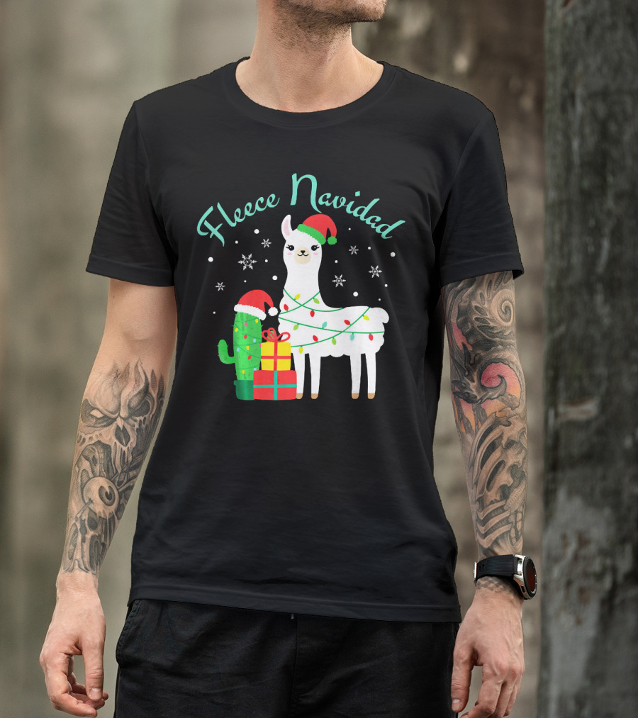 Fleece Navidad Funny Llama With Santa Hat And Christmas Lights T-Shirt