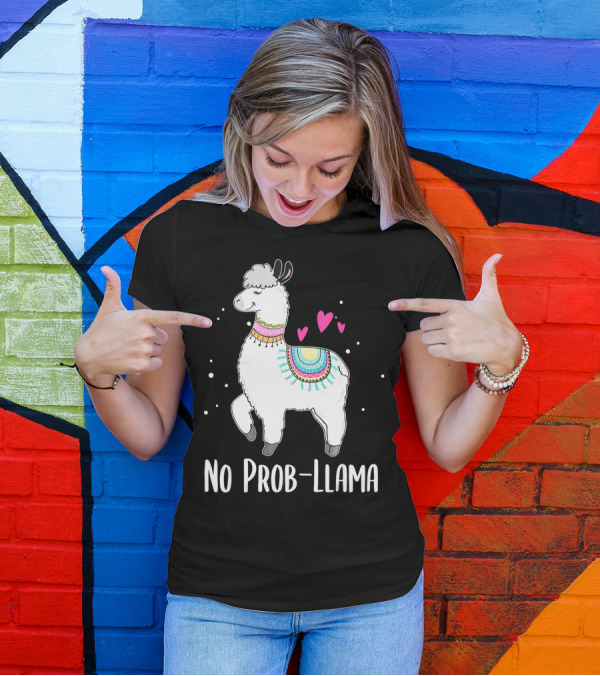 No Prob Llama Funny Cute Llama Alpaca With Hearts And Colorful Blanket T-Shirt