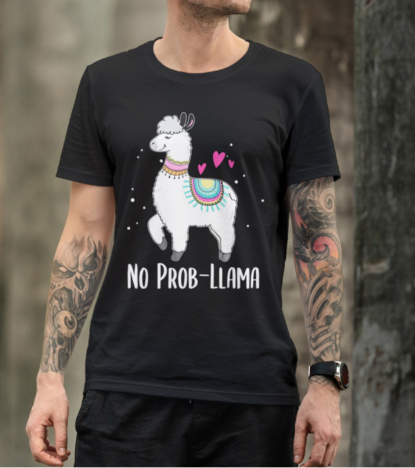 No Prob Llama Funny Cute Llama Alpaca With Hearts And Colorful Blanket T-Shirt