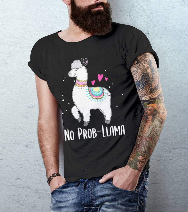 No Prob Llama Funny Cute Llama Alpaca With Hearts And Colorful Blanket T-Shirt
