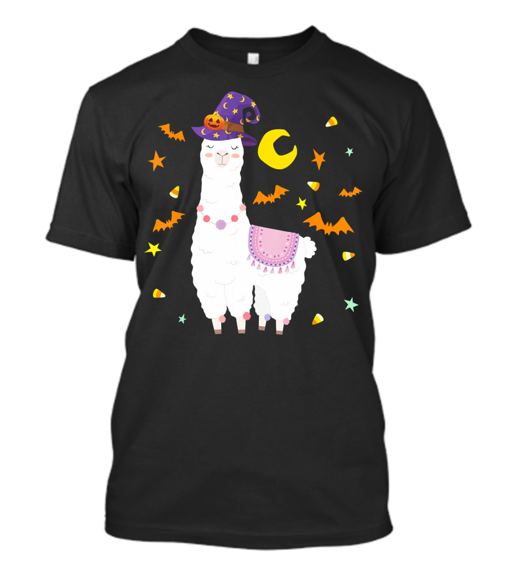 Llama Alpaca Halloween Witch Costume With Stars And Bats T-Shirt