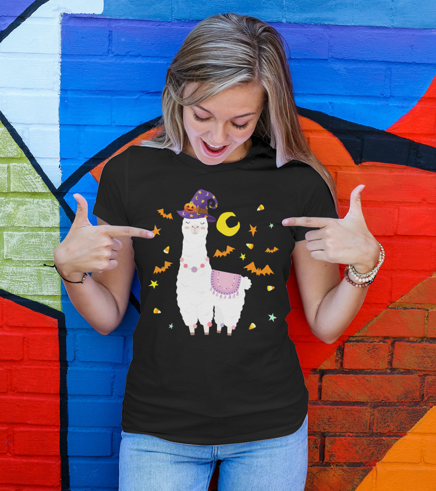 Llama Alpaca Halloween Witch Costume With Stars And Bats T-Shirt