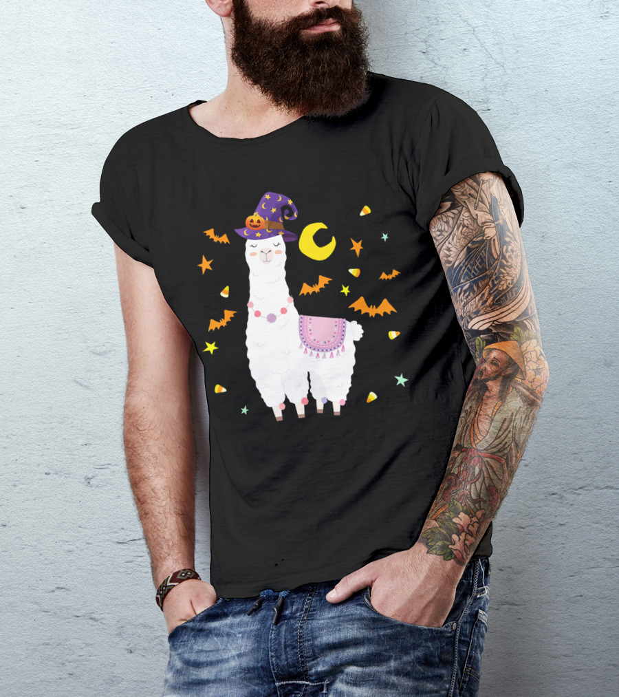 Llama Alpaca Halloween Witch Costume With Stars And Bats T-Shirt