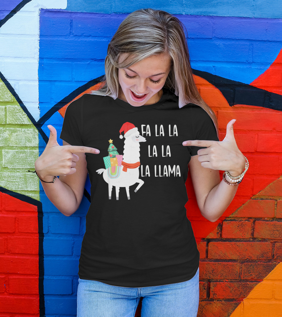 Santa Hat Alpaca Christmas Tree Fa La La La La La Llama T-Shirt