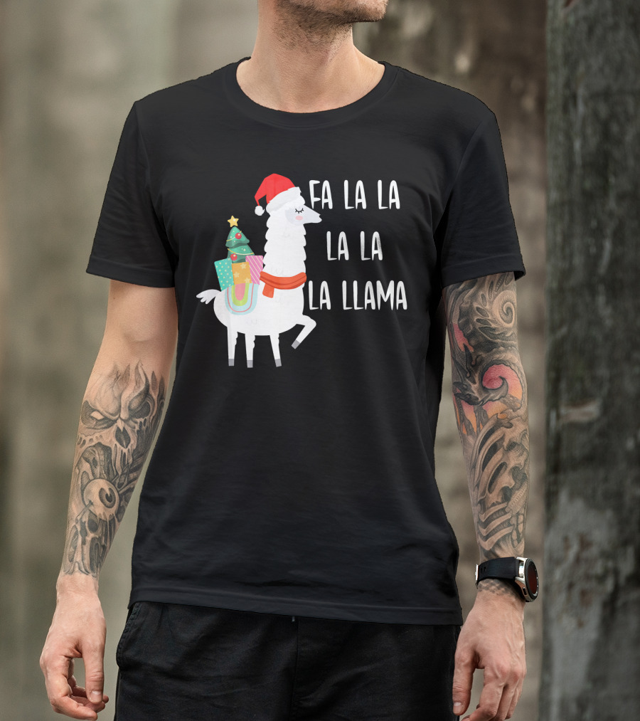 Santa Hat Alpaca Christmas Tree Fa La La La La La Llama T-Shirt