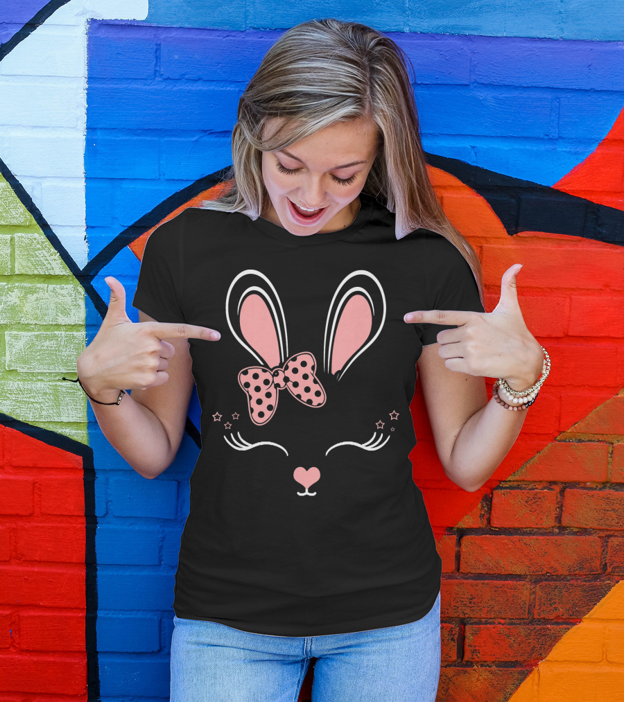 Easter Bunny Face Rabb Cute Pink Bow Ears And Stars T-Shirt