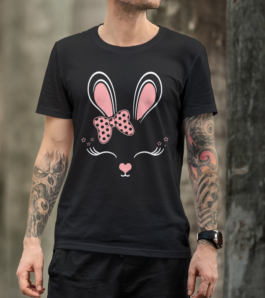 Easter Bunny Face Rabb Cute Pink Bow Ears And Stars T-Shirt
