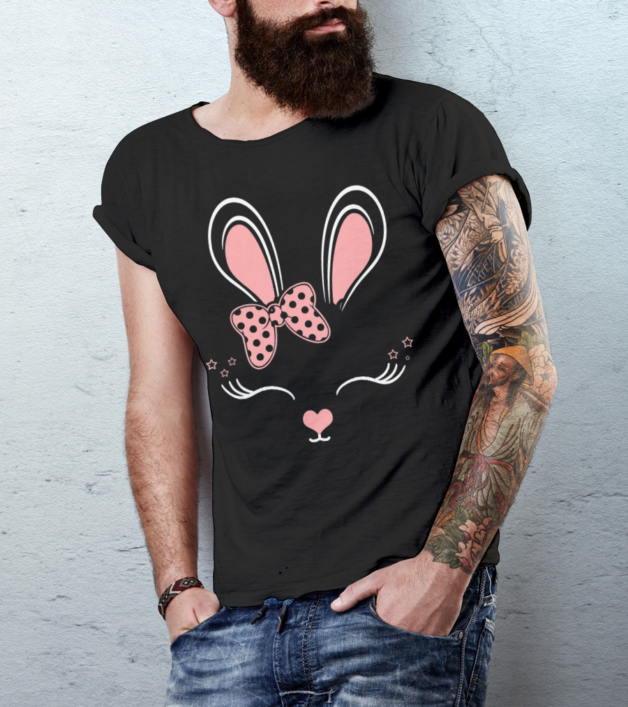 Easter Bunny Face Rabb Cute Pink Bow Ears And Stars T-Shirt