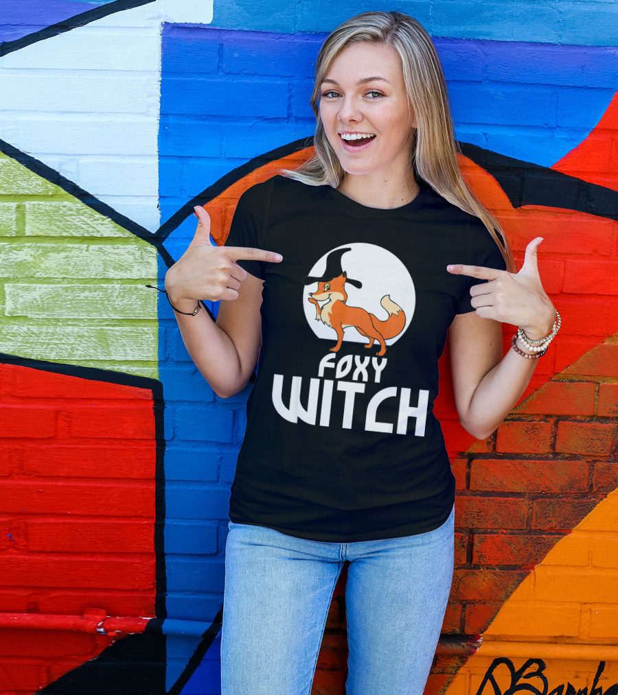 Foxy Witch Funny Fox Wearing A Witch Hat Moon Background T-Shirt