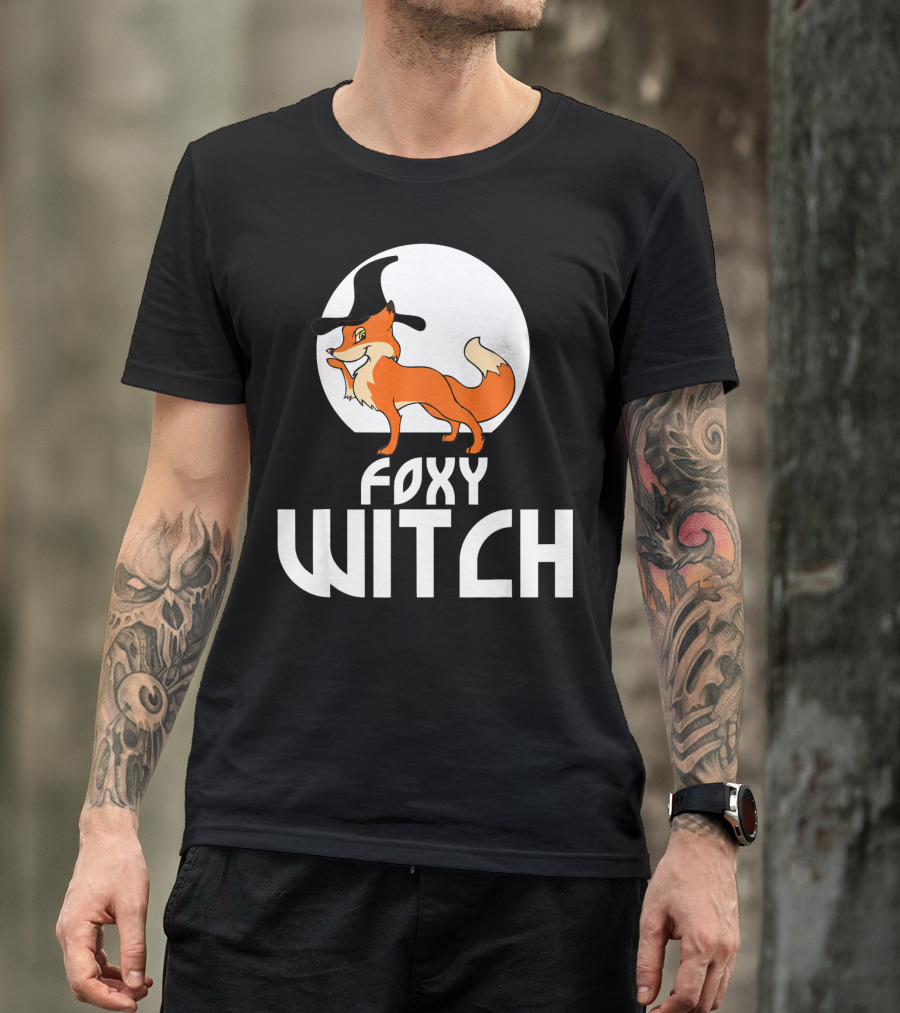 Foxy Witch Funny Fox Wearing A Witch Hat Moon Background T-Shirt