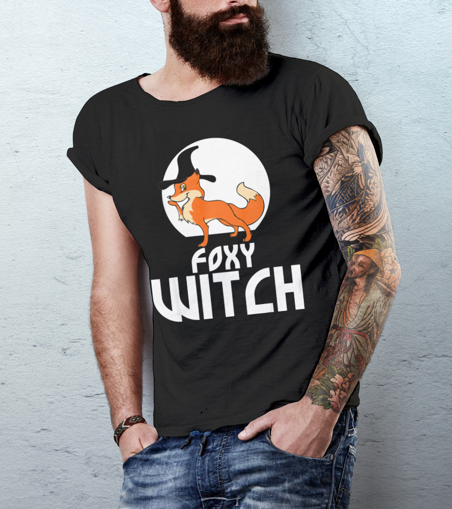 Foxy Witch Funny Fox Wearing A Witch Hat Moon Background T-Shirt