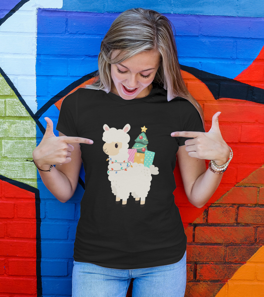 FA LA LA Llama Christmas Xmas Cute Alpac Tree And Lights T-Shirt