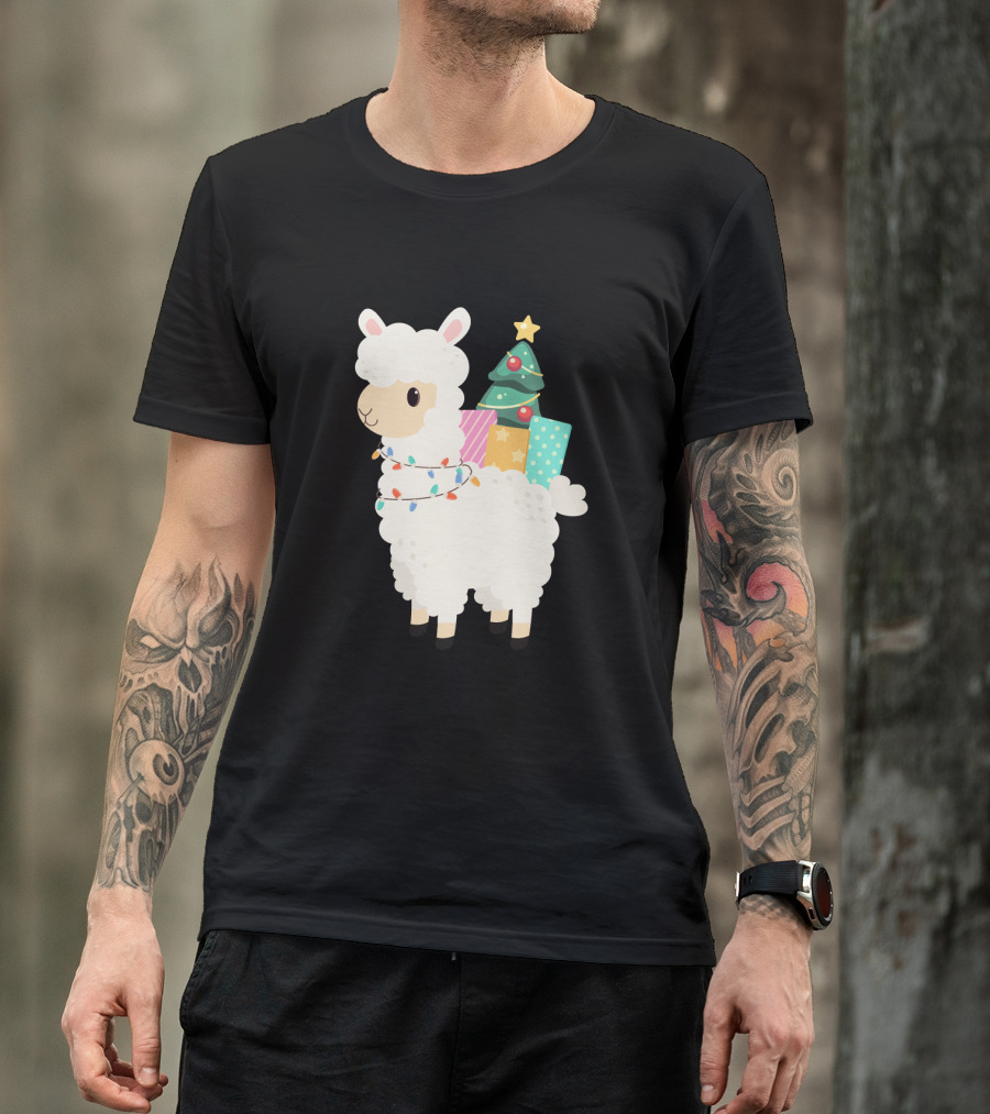 FA LA LA Llama Christmas Xmas Cute Alpac Tree And Lights T-Shirt