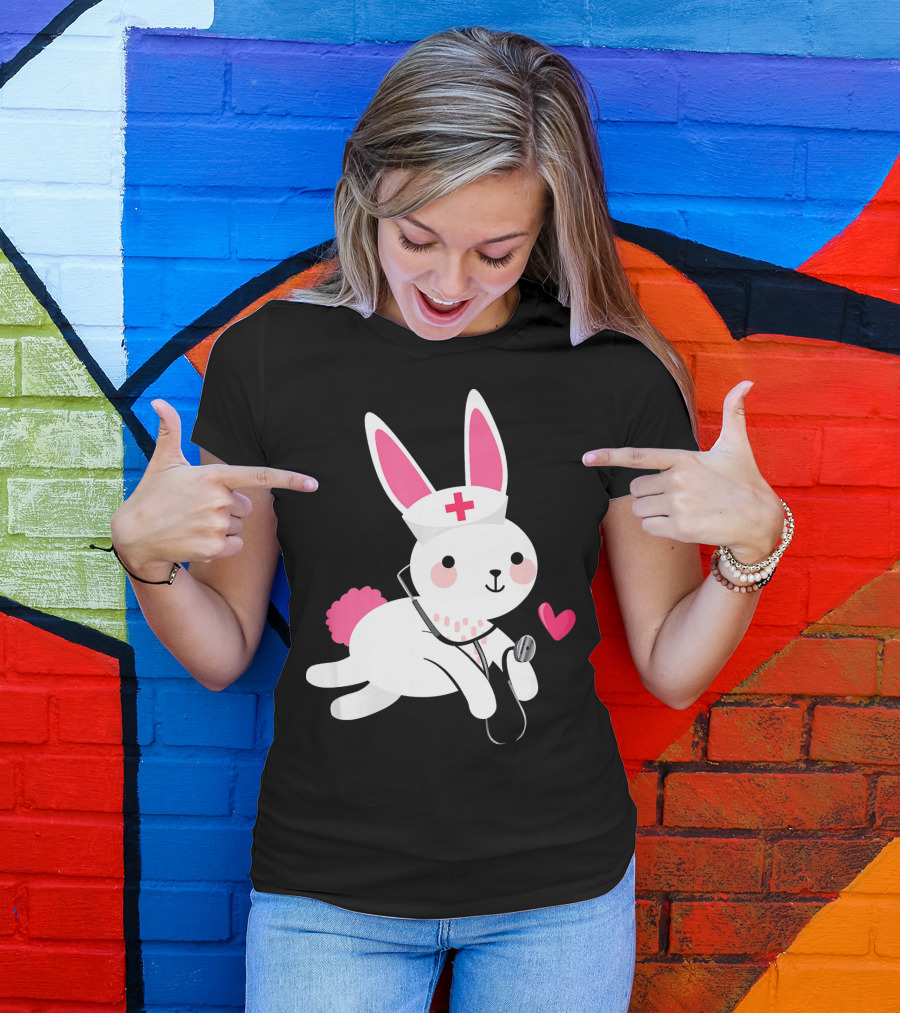 Cute Nurse Bunny Easter Humor Stethoscope And Heart T-Shirt