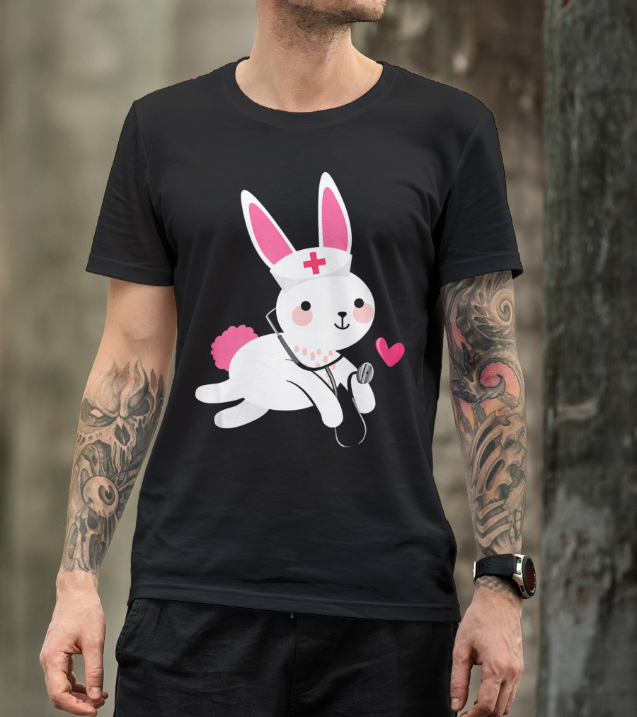 Cute Nurse Bunny Easter Humor Stethoscope And Heart T-Shirt