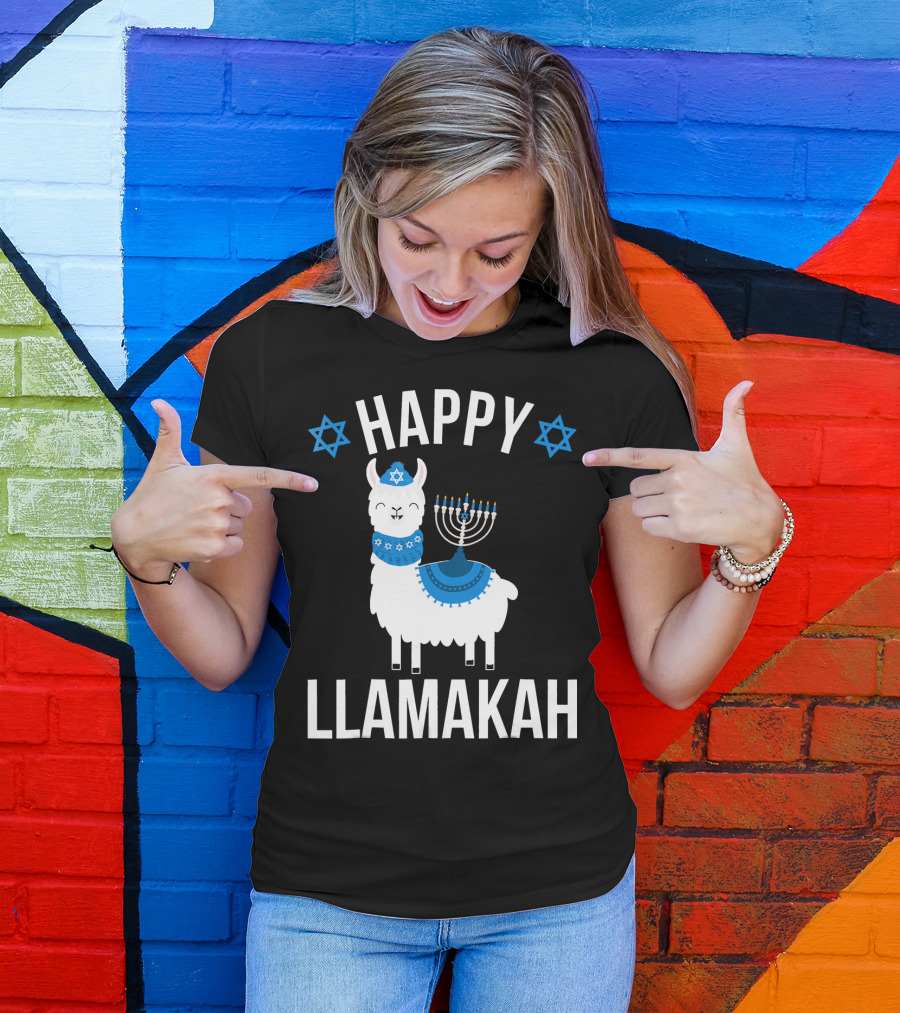 Happy Llamakah Llama With Menorah And Stars Of David Hanukkah T-Shirt