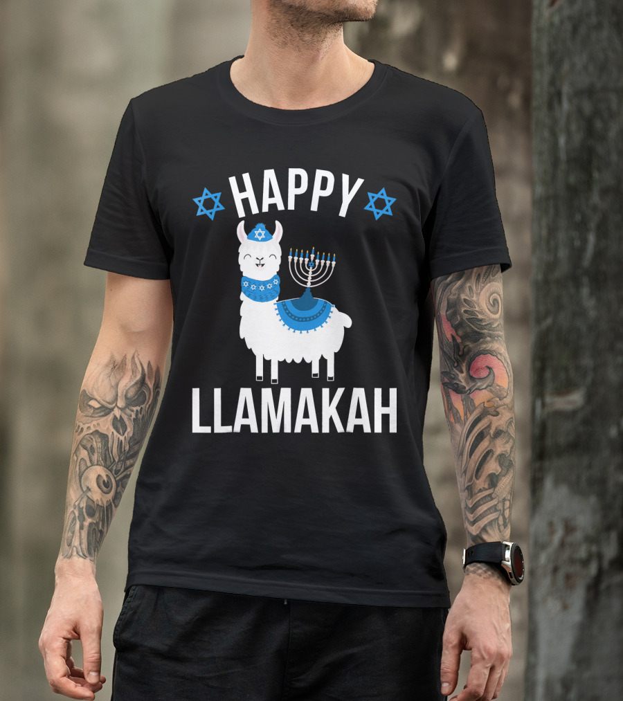 Happy Llamakah Llama With Menorah And Stars Of David Hanukkah T-Shirt