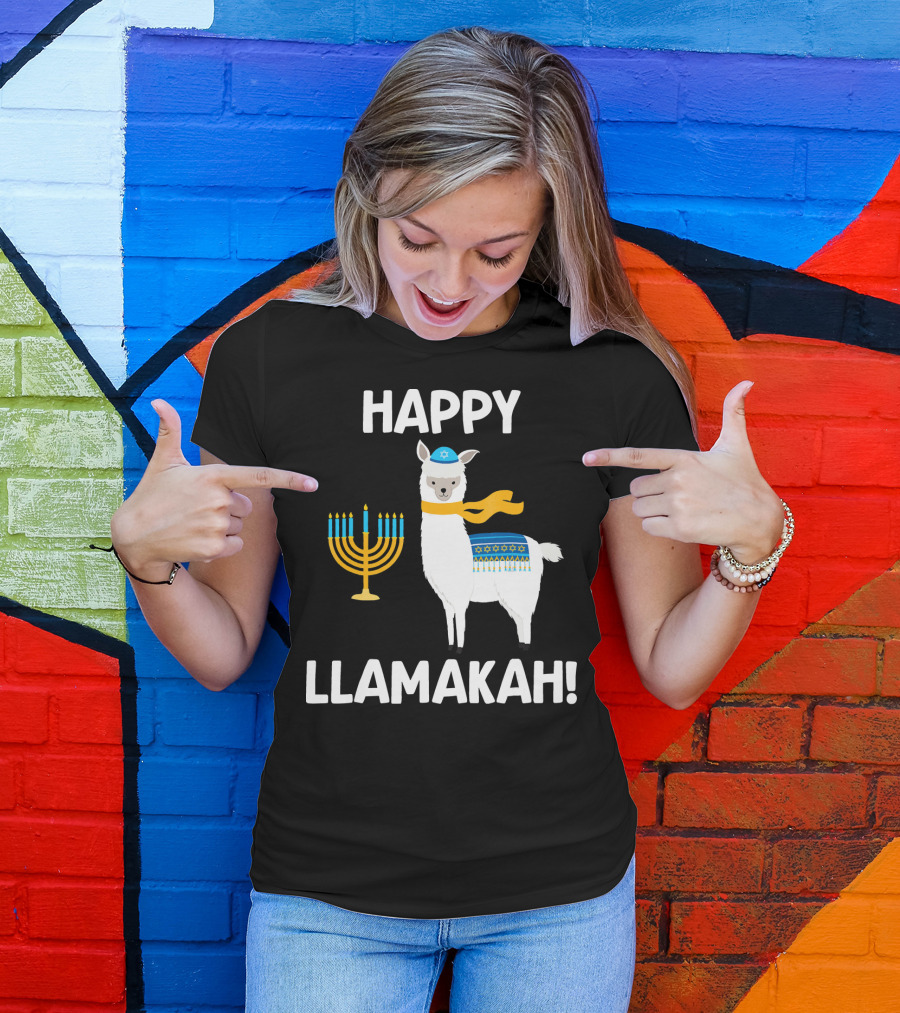 Happy Llamakah Hanukkah Llama Menorah Star Of David T-Shirt