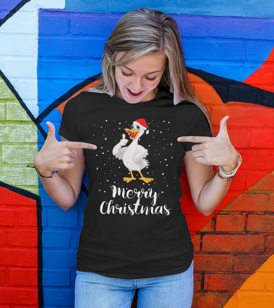 Merry Christmas Goose With Santa Hat And Snowflakes T-Shirt
