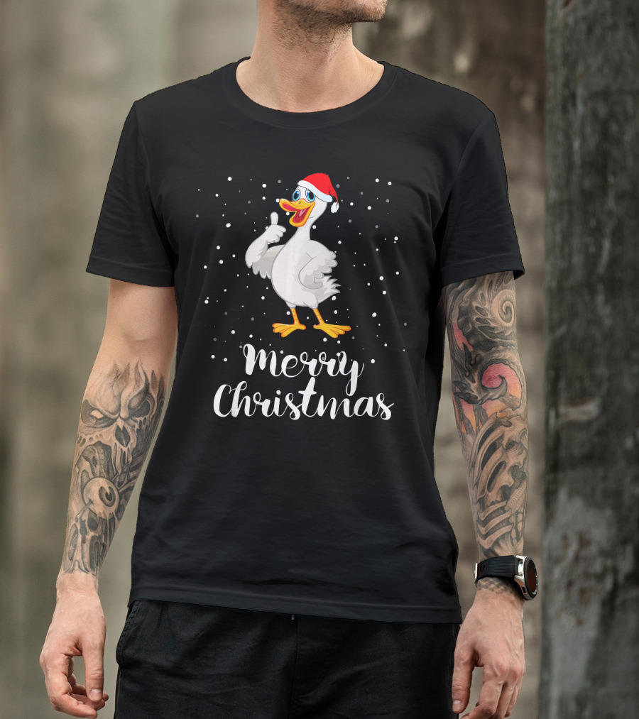 Merry Christmas Goose With Santa Hat And Snowflakes T-Shirt