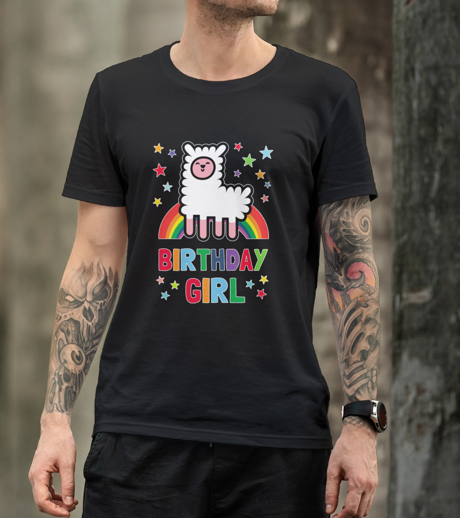 Birthday Girl Alpaca Llama With Rainbow And Stars T-Shirt
